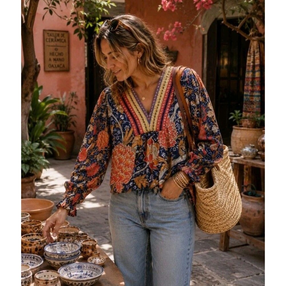 Anthropologie Blank London Floral Boho Peasant Blouse Womens Small  Embroidered
